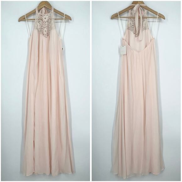 ZARA Chiffon Halter Maxi Dress Lace Crochet Grecian, Pale Pink NWOT - Picture 5 of 11